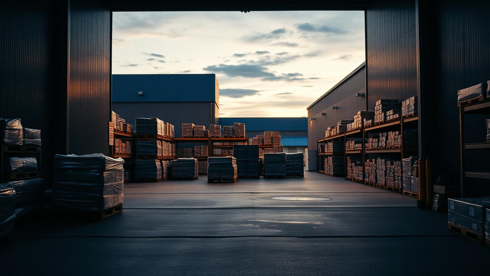 Doca de centro de distribuição ao amanhecer com pallets de produtos de consumo prontos para reposição no varejo